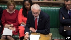 Opposition Labour Party leader Jeremy Corbyn, speaks during the regular Question Time where lawmakers are able to ask questions to the prime minister inside the House of Commons in London, June 19, 2019. 