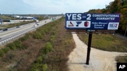 A billboard promoting a ballot measure to legalize sports betting in Missouri is seen along Interstate 44, Oct. 23, 2024, in St. Louis County.