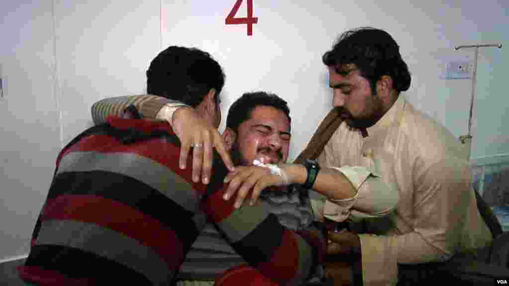 Student, Tasbeeh Ullah, saw a gunman coming up the stairs. As he watched, the gunman took aim at him and started shooting. Tasbeeh Ullah ran up to the rooftop and jumped. He became unconscious and woke up in a hospital, with broken bones. Bacha Khan University in Charsadda, Pakistan. (A. Tanzeem/VOA)