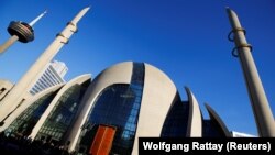 FILE - The Cologne Central Mosque is seen in Cologne, Germany, Sept. 29, 2018. The German government is working to improve the transparency of foreign financing of mosques.