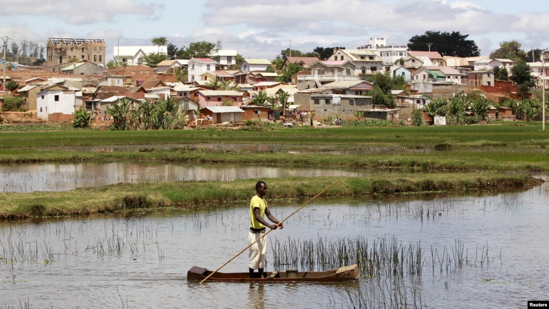 FILE - A man travels in a boat to fish in a pond in the outskirts of the capital Antananarivo, Madagascar.