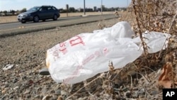 Plastic shopping bag litters roadside, Sacramento, Calif., Oct. 25, 2013.