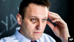 Russian opposition leader Alexei Navalny sits in his office in Moscow, May 11, 2017. Navalny says that he has undergone eye surgery in Spain after being attacked last month.