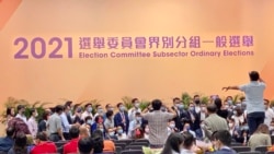香港民意研究所10月15日公佈的民意調查顯示，44%受訪者不滿選委會選舉的結果。圖為選委會選舉候選人團隊在灣仔中央點票站等候公佈選舉結果時拍攝大合照。(美國之音 湯惠芸)
