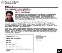 FILE - A wanted poster from the website of the U.S. State Department's Rewards For Justice program shows a mugshot of terrorist Mokhtar Belmokhtar.