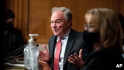 FILE - Sen. Tim Kaine, D-Va., speaks during a hearing with the Senate Health, Education, Labor, and Pensions committee on Capitol Hill in Washington, Feb. 3, 2021.