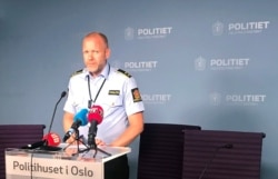 Rune Skjold, assistant chief of police, holds a news conference after a shooting in al-Noor Islamic center mosque, in the police headquarters in Oslo, Norway, Aug. 10, 2019.