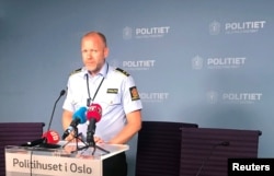 Rune Skjold, assistant chief of police, holds a news conference after a shooting in al-Noor Islamic center mosque, in the police headquarters in Oslo, Norway, Aug. 10, 2019.