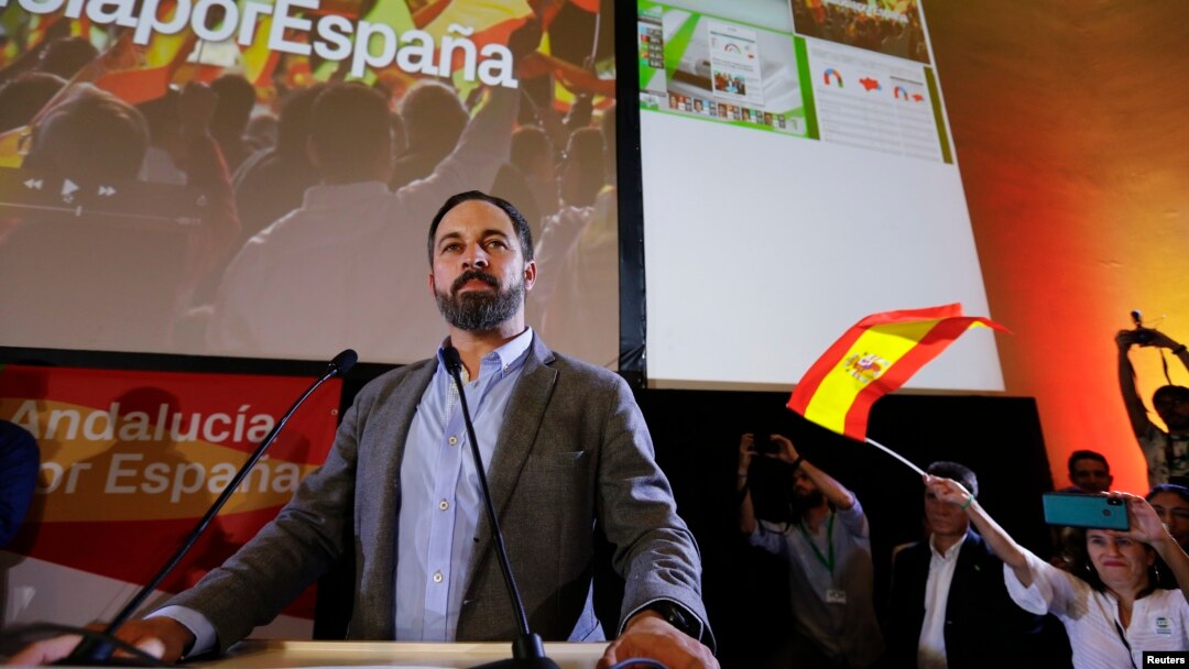 FILE - Spain's far-right VOX party leader Santiago Abascal delivers a speech as he celebrates the results of Andalusian regional elections in Seville, Spain, Dec. 2, 2018.