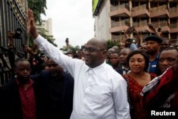 Felix Tshisekedi, leader of the Congolese main opposition party, the Union for Democracy and Social Progress (UDPS) who was announced as the winner of the presidential elections gestures to his supporters in Kinshasa, Democratic Republic of Congo, Jan. 10