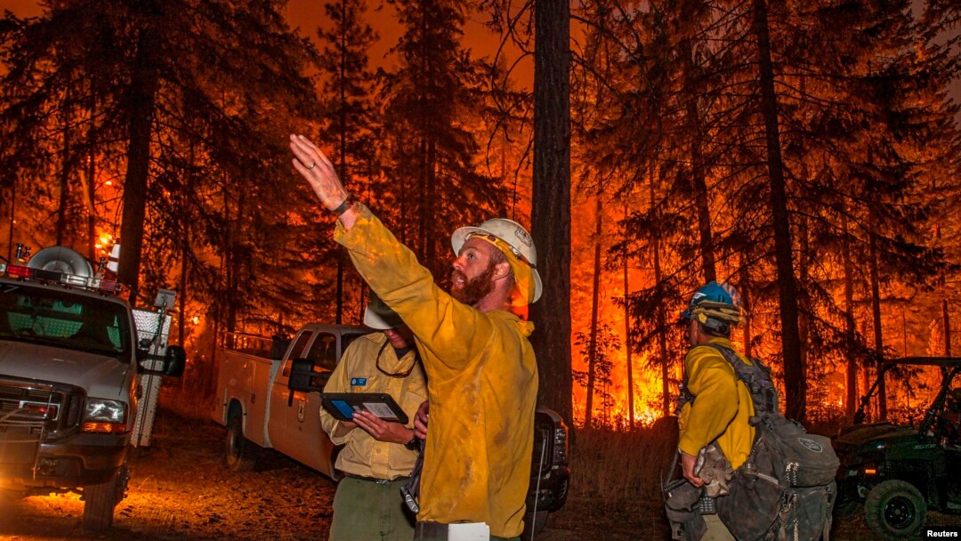 Petugas pemadam kebakaran bersiap menghadapi kebakaran hutan dekat Chelan, negara bagian Washington (16/8).