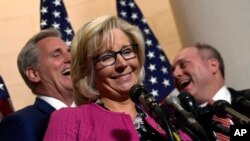 Rep. Liz Cheney, R-Wy., speaks during a news conference on Capitol Hill in Washington, Nov. 14, 2018.