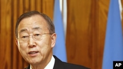 U.N. Secretary-General Ban Ki-moon talks during a press conference in Amman, Jordan, his first stop on his Mideast tour, January 31, 2012.