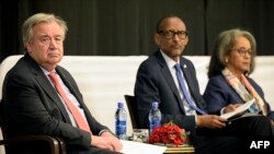 UN Secretary-General Antonio Guterres (L), flanked by Rwanda's President Paul Kagame (C) and Ethiopia's President Sahle-Work Zewde (R) attend the "Africa leadership meeting, investing in health", ahead of an AU summit in Addis Ababa, Feb. 9, 2019.