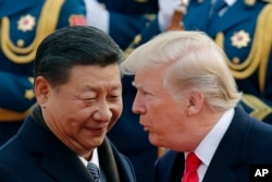 FILE - Dalam file foto tanggal 9 November 2017 ini, Presiden AS Donald Trump (kanan), berbincang dengan Presiden China Xi Jinping dalam upacara penyambutan di Aula Besar Rakyat China di Beijing. (AP/Andy Wong, File)
