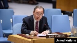 반기문 전 유엔 사무총장이 12일 '분쟁 예방과 중재'를 주제로 뉴욕 유엔본부에서 열린 안보리 회의에서 발언하고 있다.