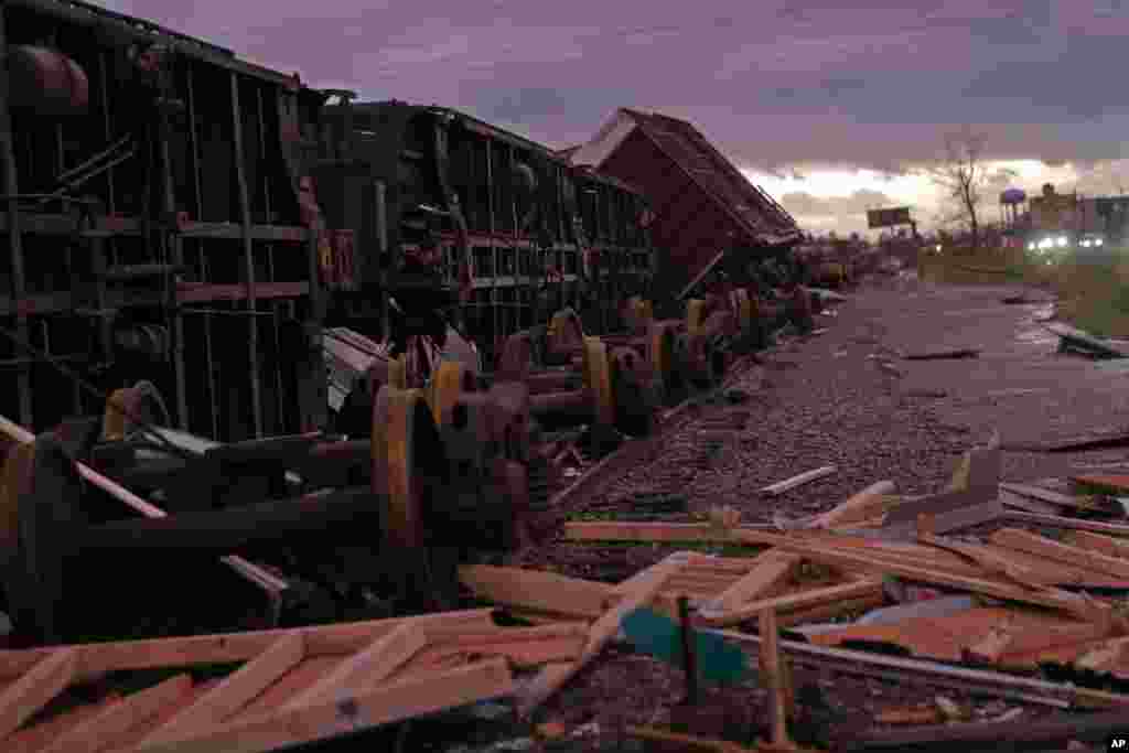 Derailed box cars are seen in the aftermath of Hurricane Michael in Panama City, Fla., Oct. 10, 2018.