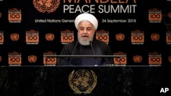 Presiden Iran Hassan Rouhani berpidato pada KTT Perdamaian Nelson Mandela di Sidang Umum PBB di markas PBB di New York, Senin, 24 September 2018.