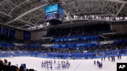 Fans cheer the combined Koreas team after the classification round of the women's hockey game against Sweden at the 2018 Winter Olympics in Gangneung, South Korea, Tuesday, Feb. 20, 2018. Sweden won 6-1. (AP Photo/Frank Franklin II)