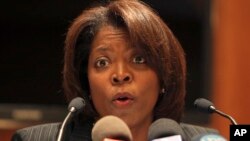 U.N. world food program agency director Ertharin Cousin speaks during a news conference in Beirut, Lebanon, (File photo).