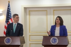 Libyan Foreign Minister Najla el-Mangoush speaks as she and US Acting Assistant Secretary of State for Near Eastern Affairs Joey Hood deliver a joint statement, in Tripoli, Libya May 18, 2021.