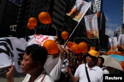 Supporters of Caring Hong Kong Power, a pro-China group, march to the police headquarters during a demonstration against an unofficial referendum and the so-called Occupy Central protest movement in Hong Kong, June 29, 2014.