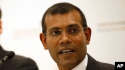 FILE - Former Maldives president Mohamed Nasheed speaks during a press conference in London, Jan. 25, 2016.