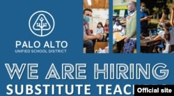 This flyer advertises for badly-needed substitute teachers for the Palo Alto Unified School District in California. It was placed on the district’s website, along with a video, to encourage parents to apply.