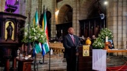 South African President Cyril Ramaphosa speaks during the state funeral of late Archbishop Desmond Tutu at St George's Cathedral in Cape Town, South Africa, January 1, 2022.