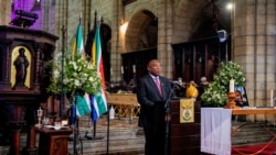 South African President Cyril Ramaphosa speaks during the state funeral of late Archbishop Desmond Tutu at St George's Cathedral in Cape Town, South Africa, January 1, 2022.