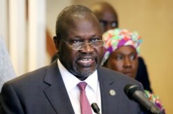 FIILE - South Sudan's Vice President Riek Machar addresses a news conference, as the first case of coronavirus disease (COVID-19) has been confirmed in the country, in Juba, South Sudan, April 5, 2020.
