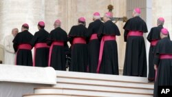 Bishops line up to greet Pope Francis during his weekly general audience, in St. Peter's Square, at the Vatican, Jan. 31, 2018.