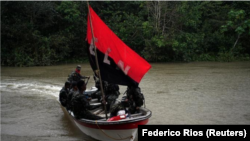 Des rebelles de l'Armée de libération nationale (ELN) sur un bateau dans la jungle du nord-ouest de la Colombie, le 30 août 2017