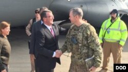 FILE - U.S. Defense Secretary Ash Carter greets Army Lt. Gen. Sean MacFarland after arriving in Baghdad, Dec. 16, 2015. 