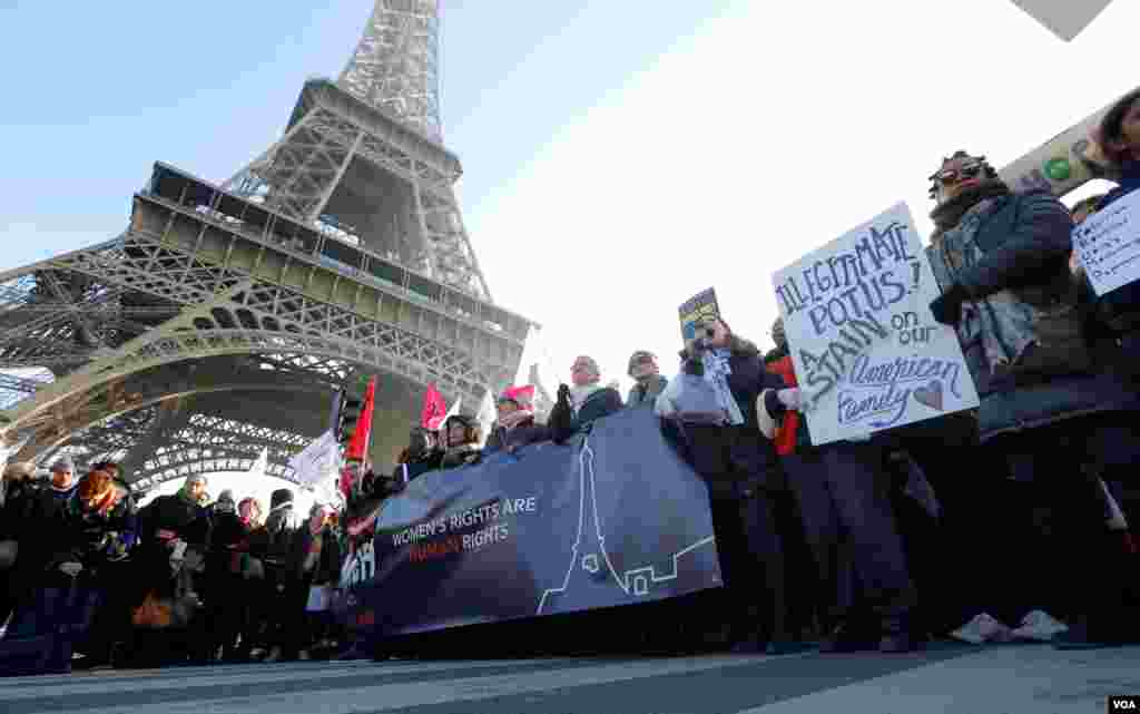 Protesters take part in the Women's March in Paris, France, Jan. 21, 2017. The march formed part of a worldwide day of action following the inauguration of Donald Trump to U.S. President. 