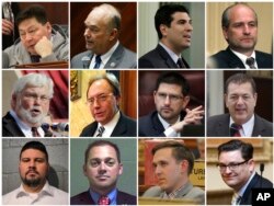 This combination of photos shows some of the two dozen state lawmakers across the country who have been accused of sexual harassment or misconduct since the start of 2017 and have resigned or been removed from office as of March 2018. Top row from left are Alaska Rep. Dean Westlake, Arizona Rep. Don Shooter, California Assemblyman Matt Dababneh and Colorado Rep. Steve Lebsock. Middle row from left are Florida Sen. Jack Latvala, Mississippi Rep. John Moore, Nevada Sen. Mark Manendo and Oklahoma Rep. Dan Kirby. Bottom row from left are Oklahoma Sen. Ralph Shortey, Oklahoma Sen. Bryce Marlatt, South Dakota Rep. Mathew Wollmann and Utah Rep. Jon Stanard.