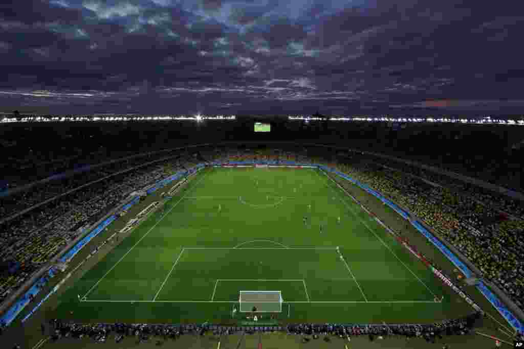 A view of the pitch during the World Cup semifinal soccer match between Brazil and Germany at the Mineirao Stadium in Belo Horizonte, Brazil, July 8, 2014.