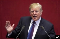 U.S. President Donald Trump delivers a speech at the National Assembly in Seoul, South Korea, Nov. 8, 2017.