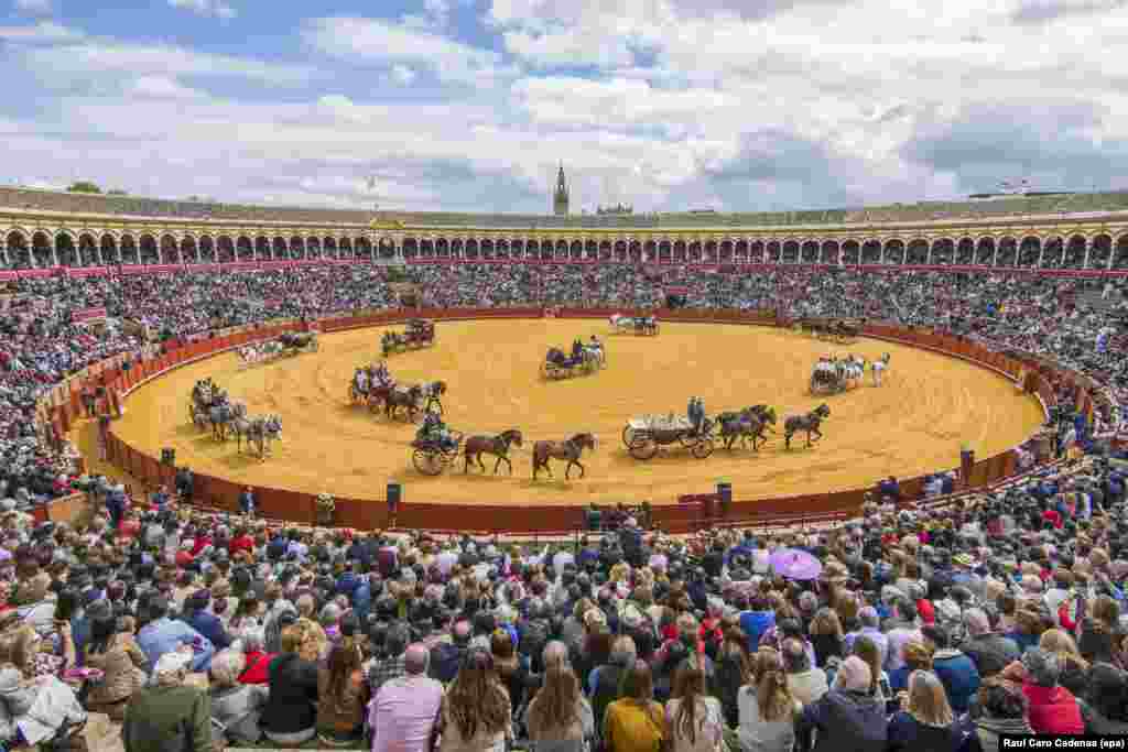 A general view of the Real Maestranza bullring during the traditional Seville Fair Horse and Carriages Exhibition on the occassion of the April Fair, in Seville, southern Spain.