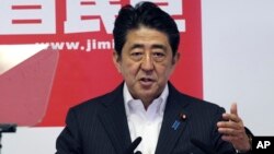 Japanese Prime Minister and leader of the ruling Liberal Democratic Party, Shinzo Abe, speaks during a press conference in Tokyo on July 11, 2016. 