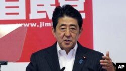 日本首相安倍晋三7月12日在东京的一次记者会上讲话。