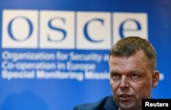 Principal Deputy Chief of the Special Monitoring Mission of the Organization for Security and Cooperation (OSCE) to Ukraine Alexander Hug speaks during a news conference in Kyiv, Ukraine, April 23, 2017.