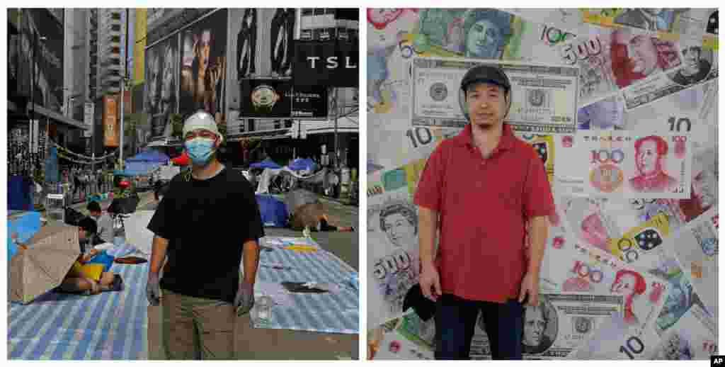 Foto kiri: Melvin Lee, seorang insinyur, di jalan utama wilayah yang diduduki demonstran di distrik Causeway Bay di Hong Kong, 10 Oktober 2014. Kanan: Lee di depan dinding dekat kantornya di Hong Kong hampir setahun kemudian (25/9). ​(AP/Vincent Yu)