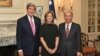 Secretary of State John Kerry, U.S. Ambassador to Japan Caroline Kennedy, and Japanese Ambassador to the U.S. Kenichiro Sasae pose for a photo during Ambassador Kennedy's swearing-in ceremony at the U.S. Department of State in Washington, DC.