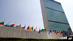 FILE - Flags of countries of the world flutter outside the United Nations headquarters in New York, Sept. 13, 2005