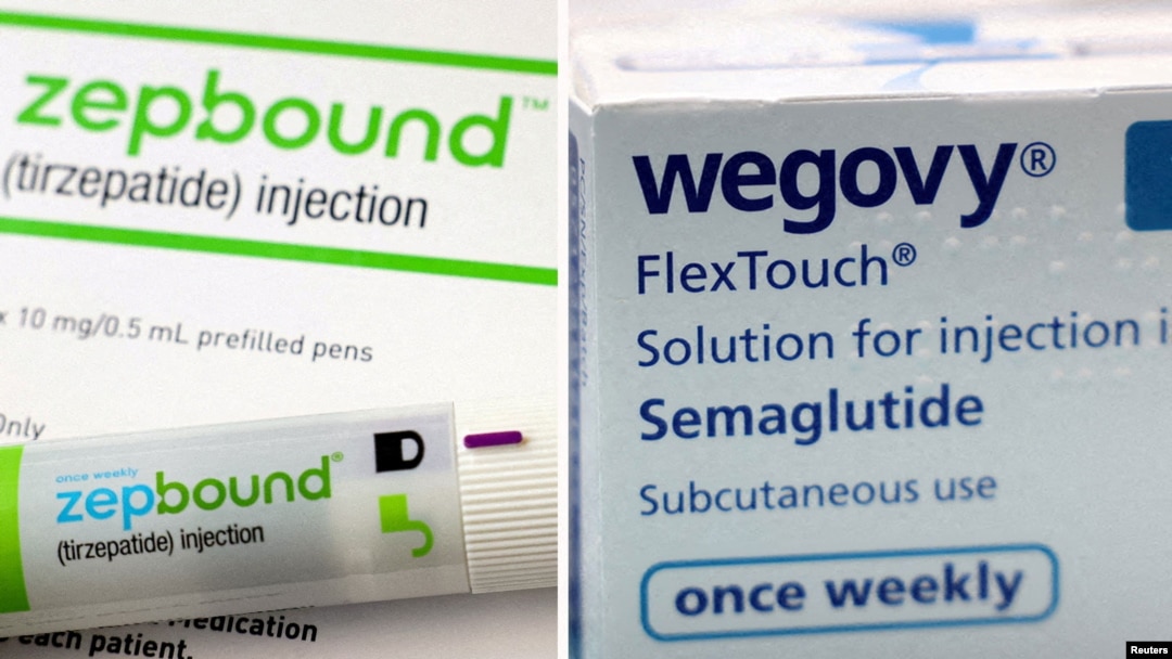 FILE - A combination image shows an injection pen of Zepbound, Eli Lilly's weight loss drug, and boxes of Wegovy, made by Novo Nordisk