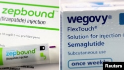 FILE - A combination image shows an injection pen of Zepbound, Eli Lilly's weight loss drug, and boxes of Wegovy, made by Novo Nordisk