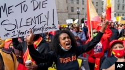 A woman shouts slogans during a protest march of the Tigray community and their supporters to mark a year since Ethiopia Prime Minister Abiy Ahmed's administration started fighting against the Tigray, the northernmost region in Ethiopia, at the US Capitol