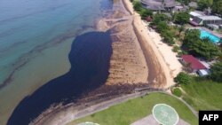 Foto udara yang diambil pada 2 April 2018 ini menunjukkan sebagian tumpahan minyak di Pantai Benua Patra di Balikpapan sebagai ilustrasi. WALHI NTB mendorong pemerintah untuk segera menangani dugaan terjadinya pencemaran di Perairan Teluk Bima. (Foto: AFP)