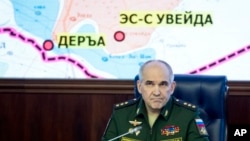 FILE - Col. Gen. Sergei Rudskoi of the Russian General Staff, speaks to the media in the Defense Ministry in Moscow, Russia, May 5, 2017. 